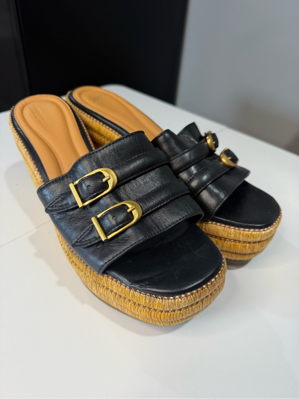 SARTO By Franco Sarto Black Leather Platform Slide Sandals with Gold Buckles
